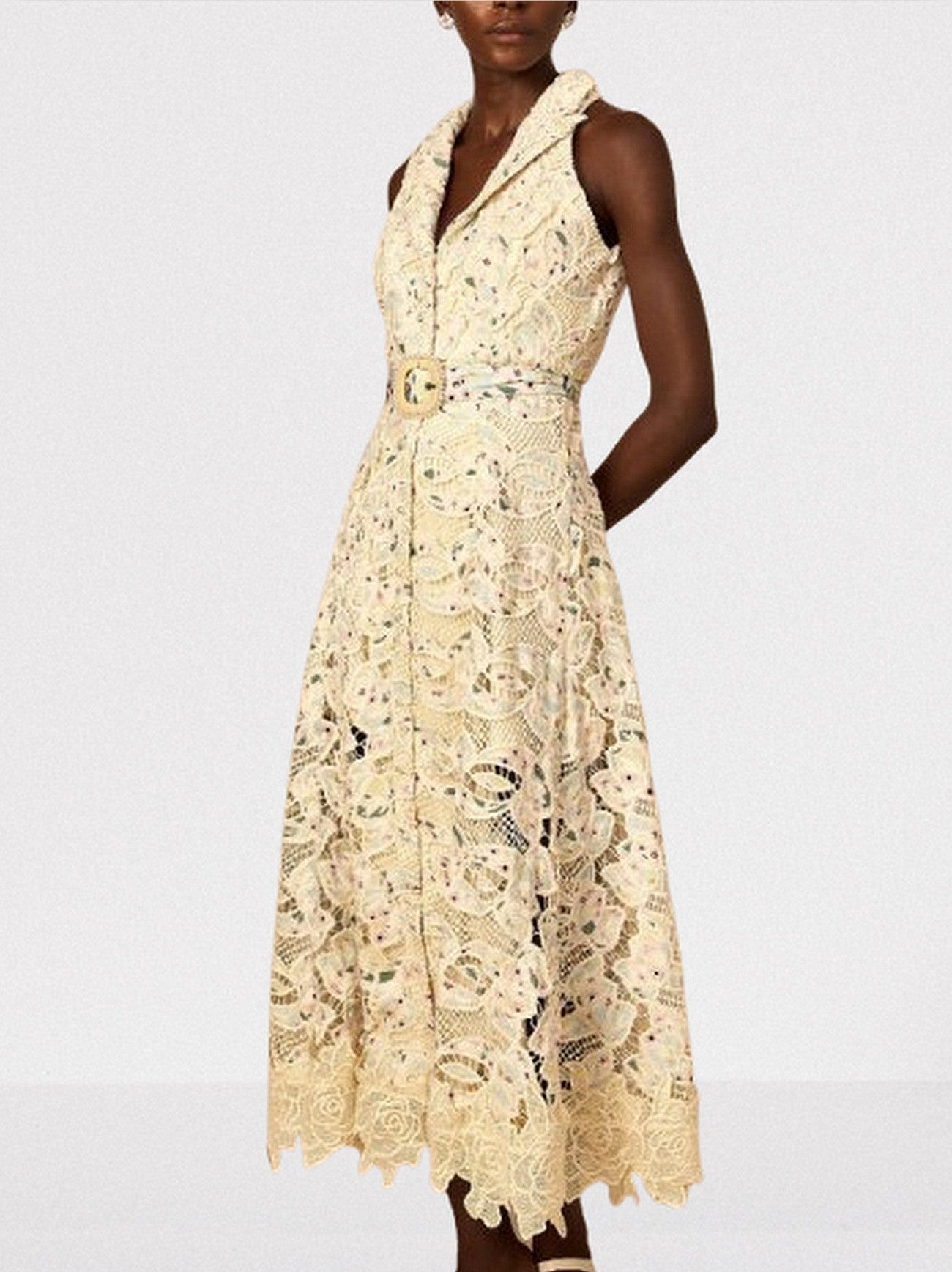 Belted Floral-Embroidered Cut-Out Midi Dress - Dresses