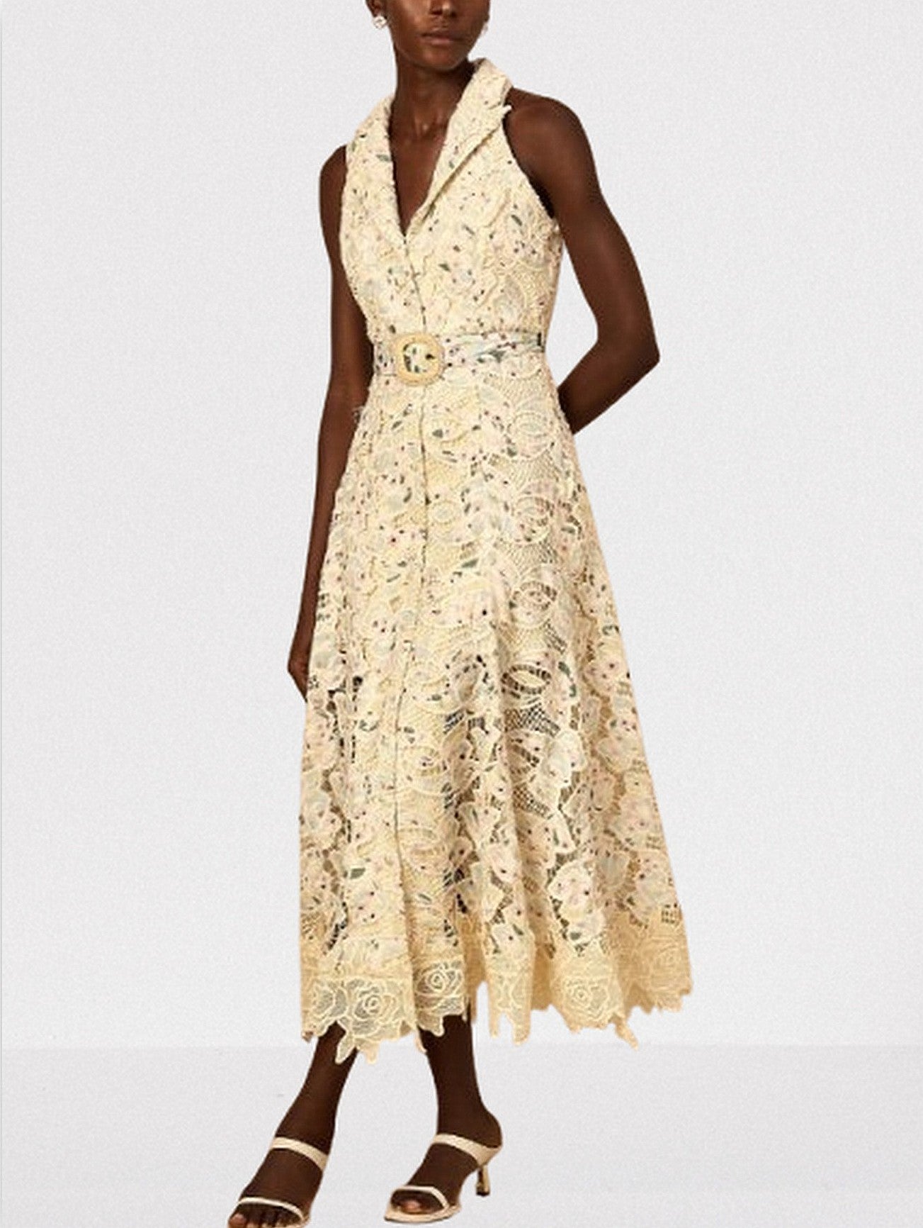 Belted Floral-Embroidered Cut-Out Midi Dress - Dresses