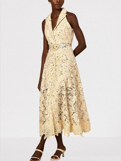 Belted Floral-Embroidered Cut-Out Midi Dress - Dresses