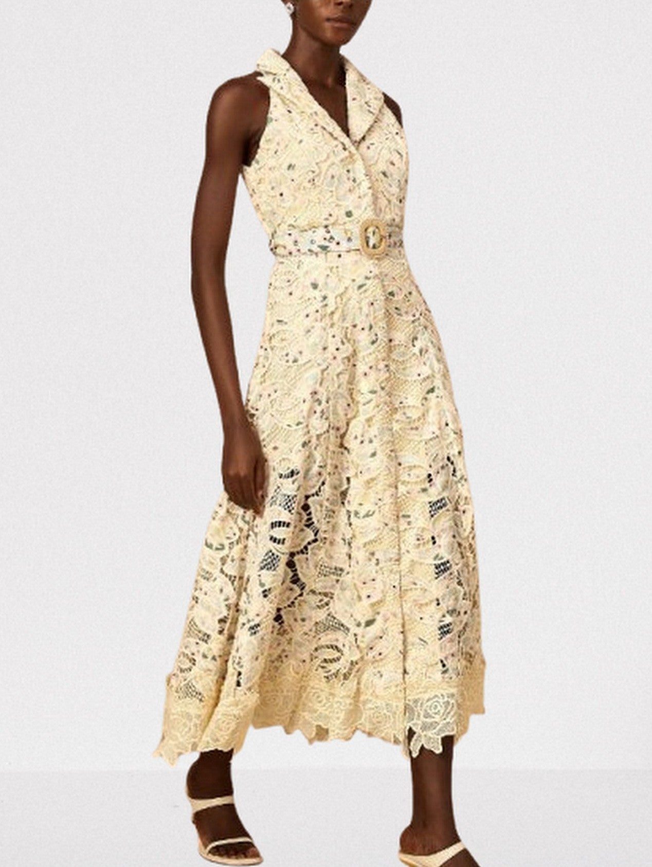 Belted Floral-Embroidered Cut-Out Midi Dress - Dresses