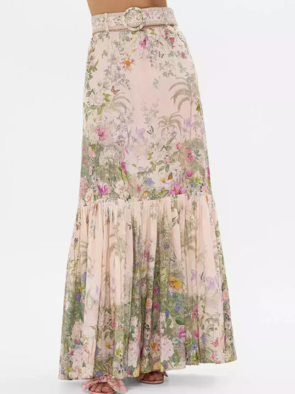 Belted Floral-Print Silk and Linen Maxi Skirt - Skirts
