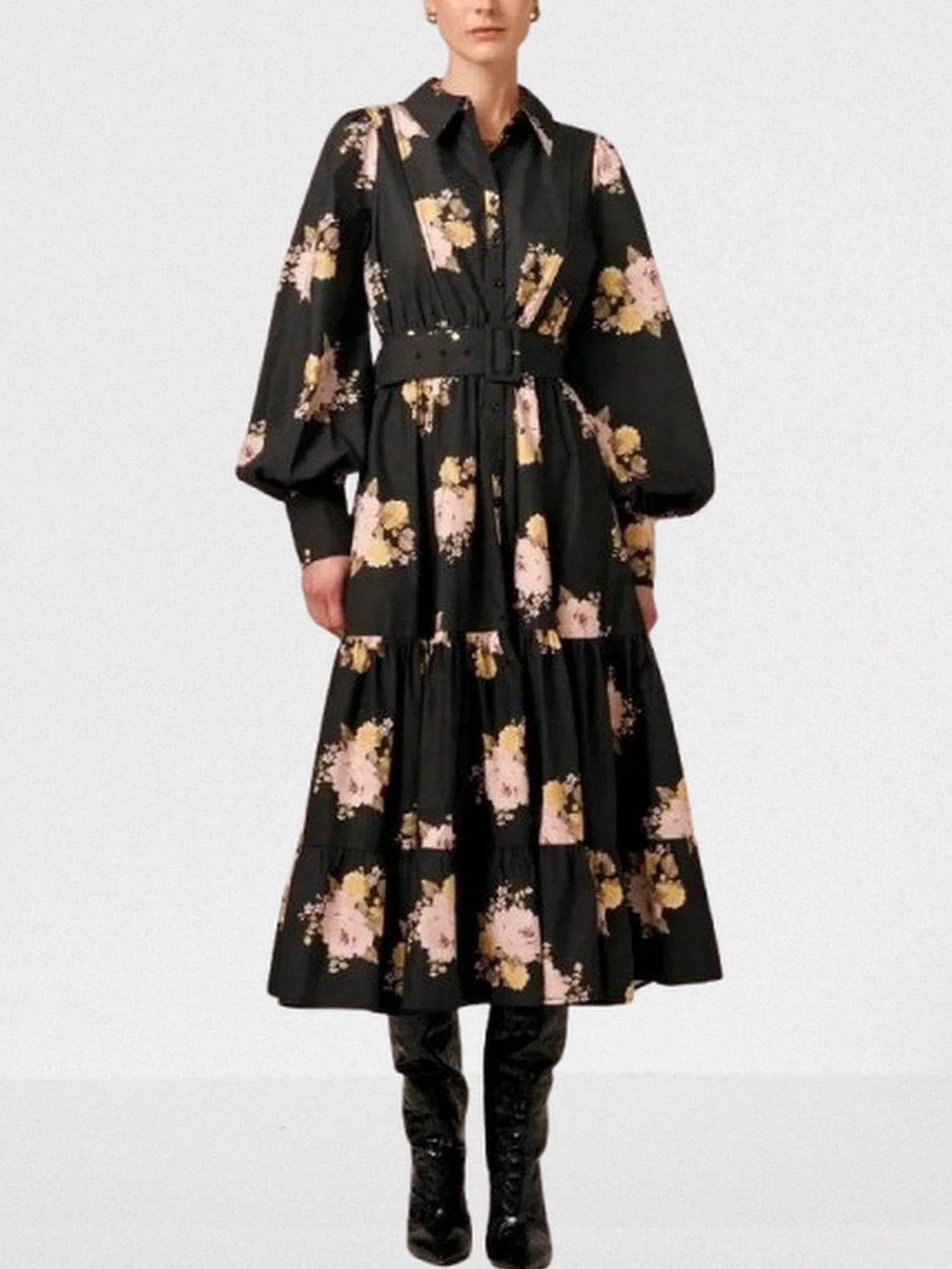 Belted Floral Bouquet Print Bishop-Sleeve Dress - S / Black - Dresses