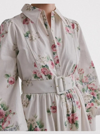 Belted Floral Bouquet Print Bishop-Sleeve Dress - Dresses