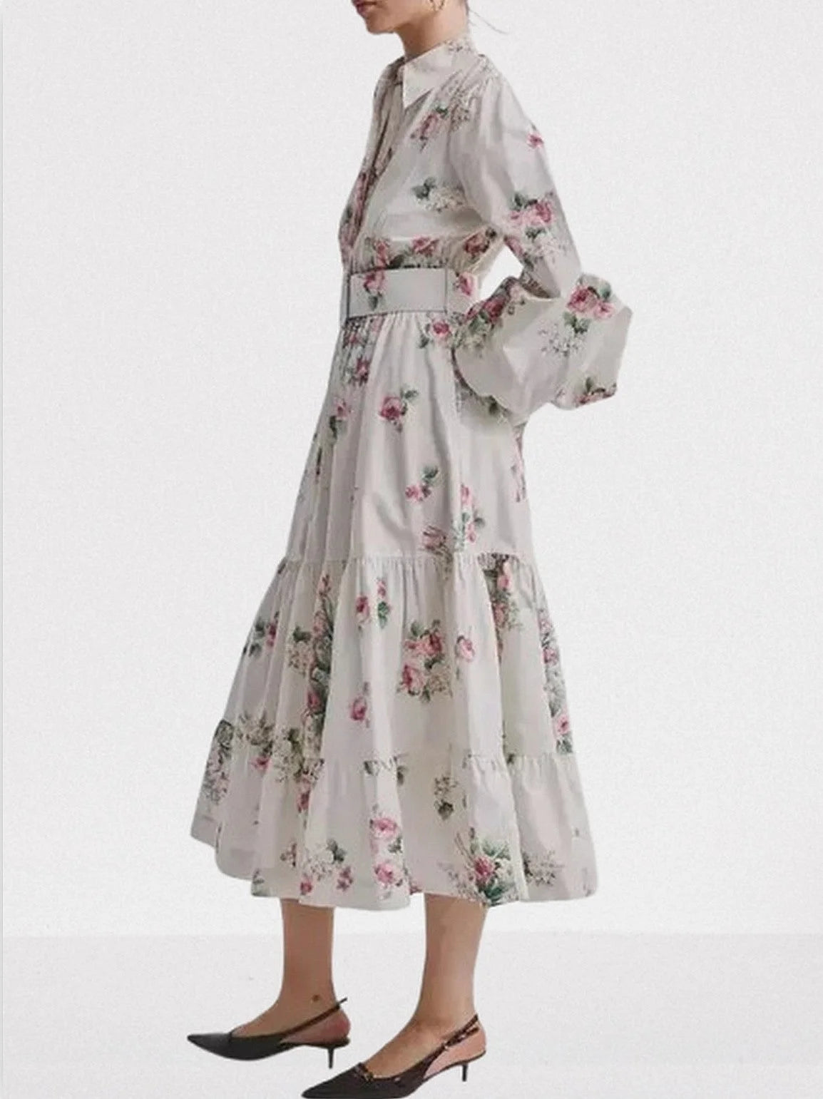 Belted Floral Bouquet Print Bishop-Sleeve Dress - Dresses