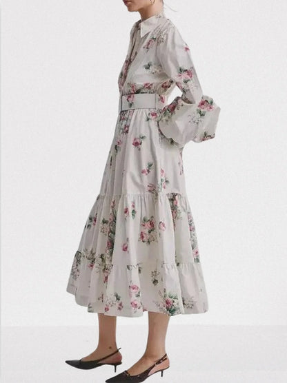 Belted Floral Bouquet Print Bishop-Sleeve Dress - Dresses