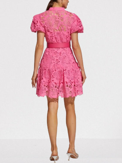 Belted Fuchsia Lace Mini Dress - Dresses