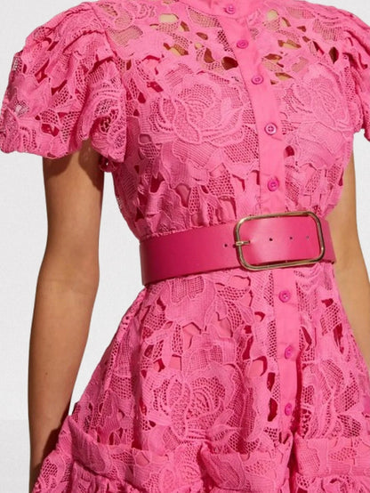 Belted Fuchsia Lace Mini Dress - Dresses