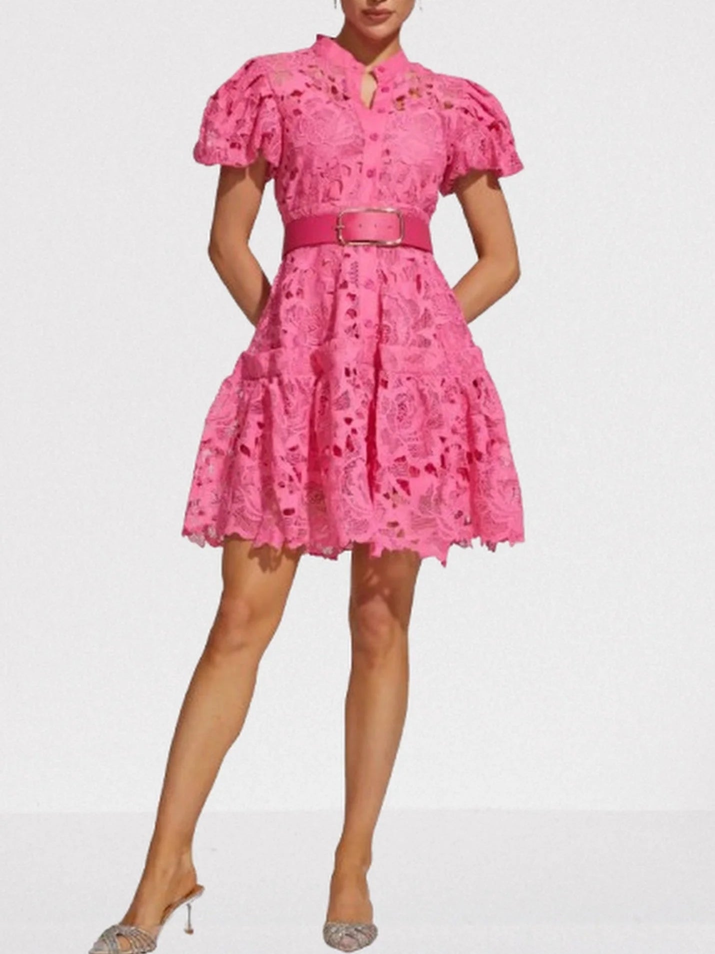 Belted Fuchsia Lace Mini Dress - Dresses