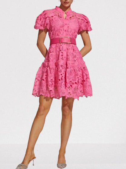 Belted Fuchsia Lace Mini Dress - Dresses