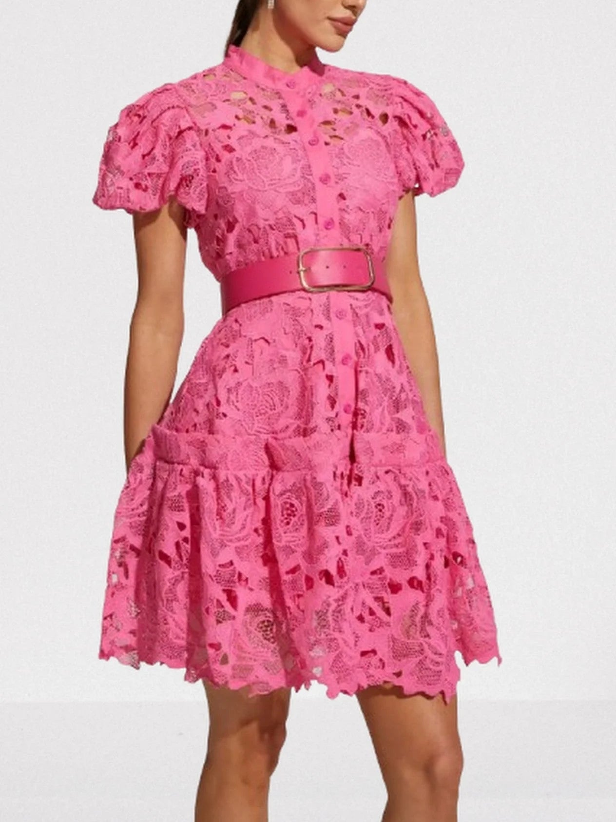 Belted Fuchsia Lace Mini Dress - Dresses