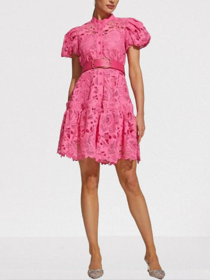Belted Fuchsia Lace Mini Dress - Dresses