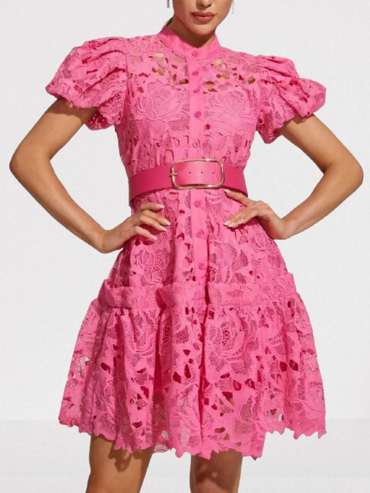 Belted Fuchsia Lace Mini Dress - Dresses
