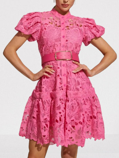 Belted Fuchsia Lace Mini Dress - Dresses