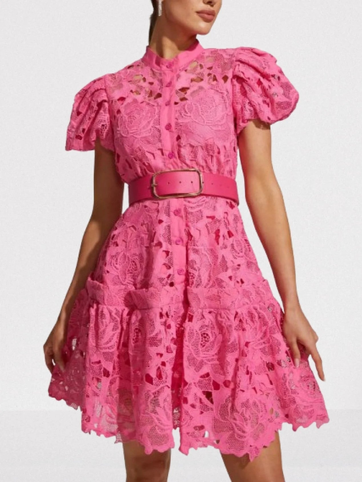 Belted Fuchsia Lace Mini Dress - S - Dresses
