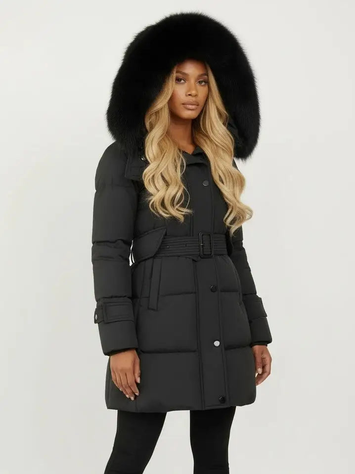 Belted Fur-Hooded Down Coat in Black - Coats