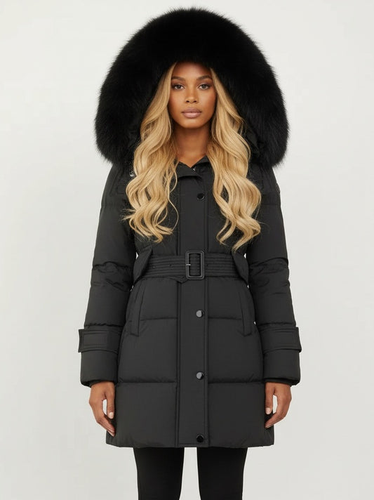 Belted Fur-Hooded Down Coat in Black