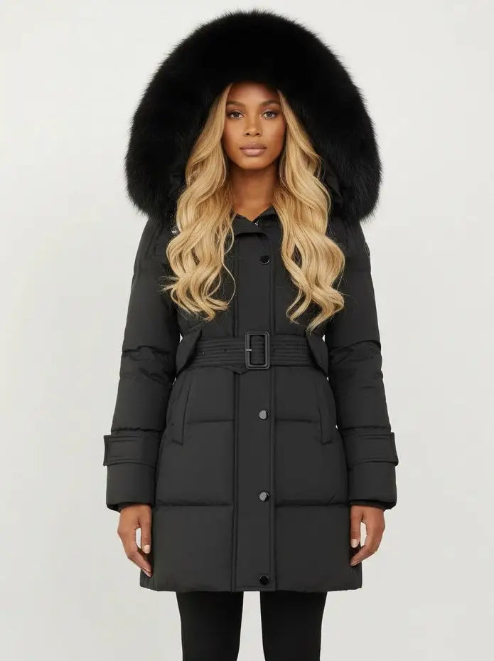 Belted Fur-Hooded Down Coat in Black - S - Coats