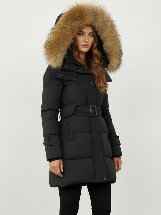 Belted Fur-Hooded Down Coat in Black with Natural Fur