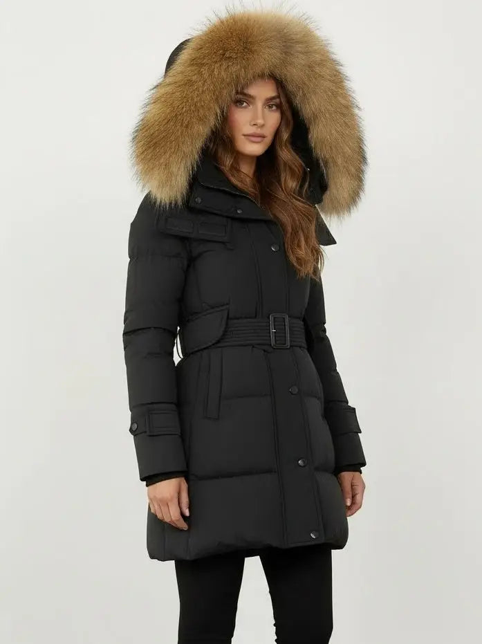 Belted Fur-Hooded Down Coat in Black with Natural Fur - Coats