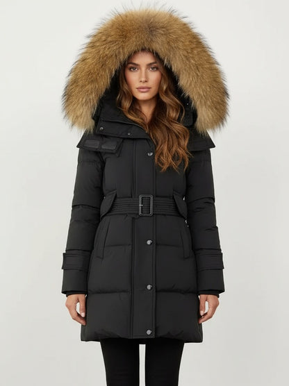 Belted Fur-Hooded Down Coat in Black with Natural Fur