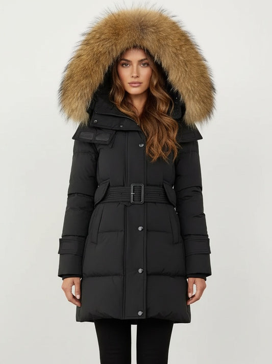 Belted Fur-Hooded Down Coat in Black with Natural Fur