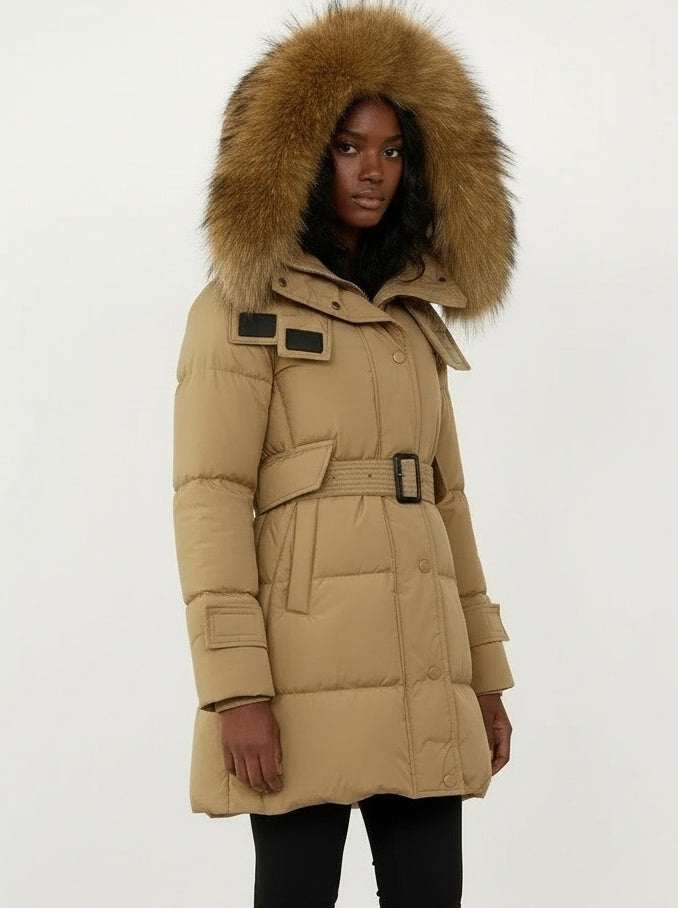 Belted Fur-Hooded Down Coat in Camel