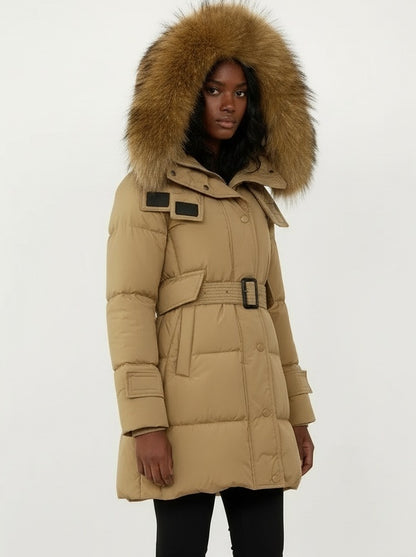 Belted Fur-Hooded Down Coat in Camel