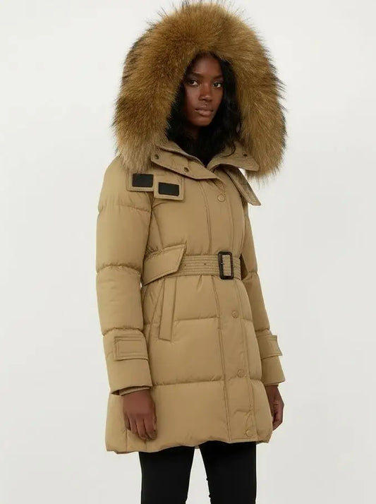 Belted Fur-Hooded Down Coat in Camel - Coats