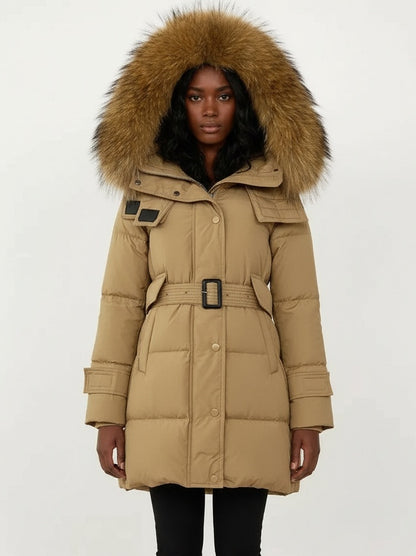 Belted Fur-Hooded Down Coat in Camel
