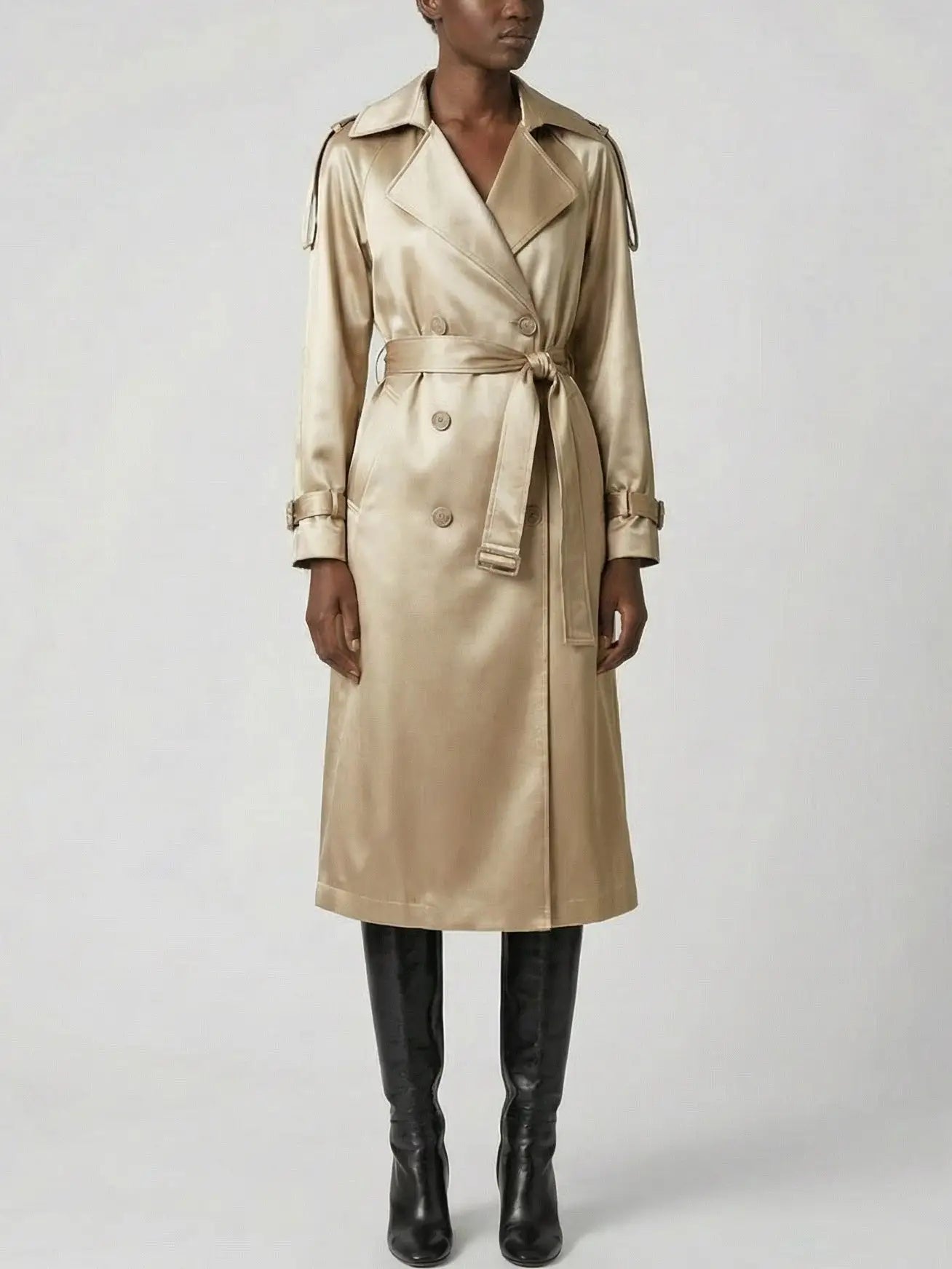 Belted Gold Satin Double-Breasted Trench Coat - Coats
