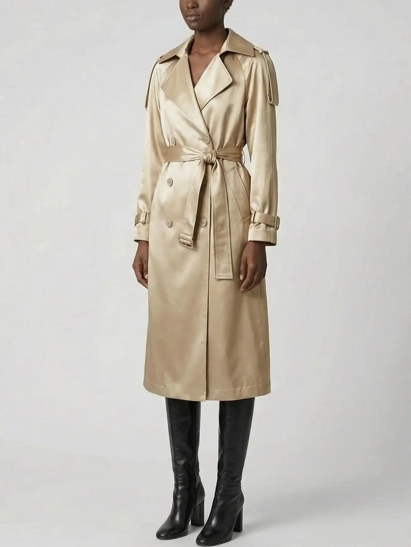 Belted Gold Satin Double-Breasted Trench Coat - Coats