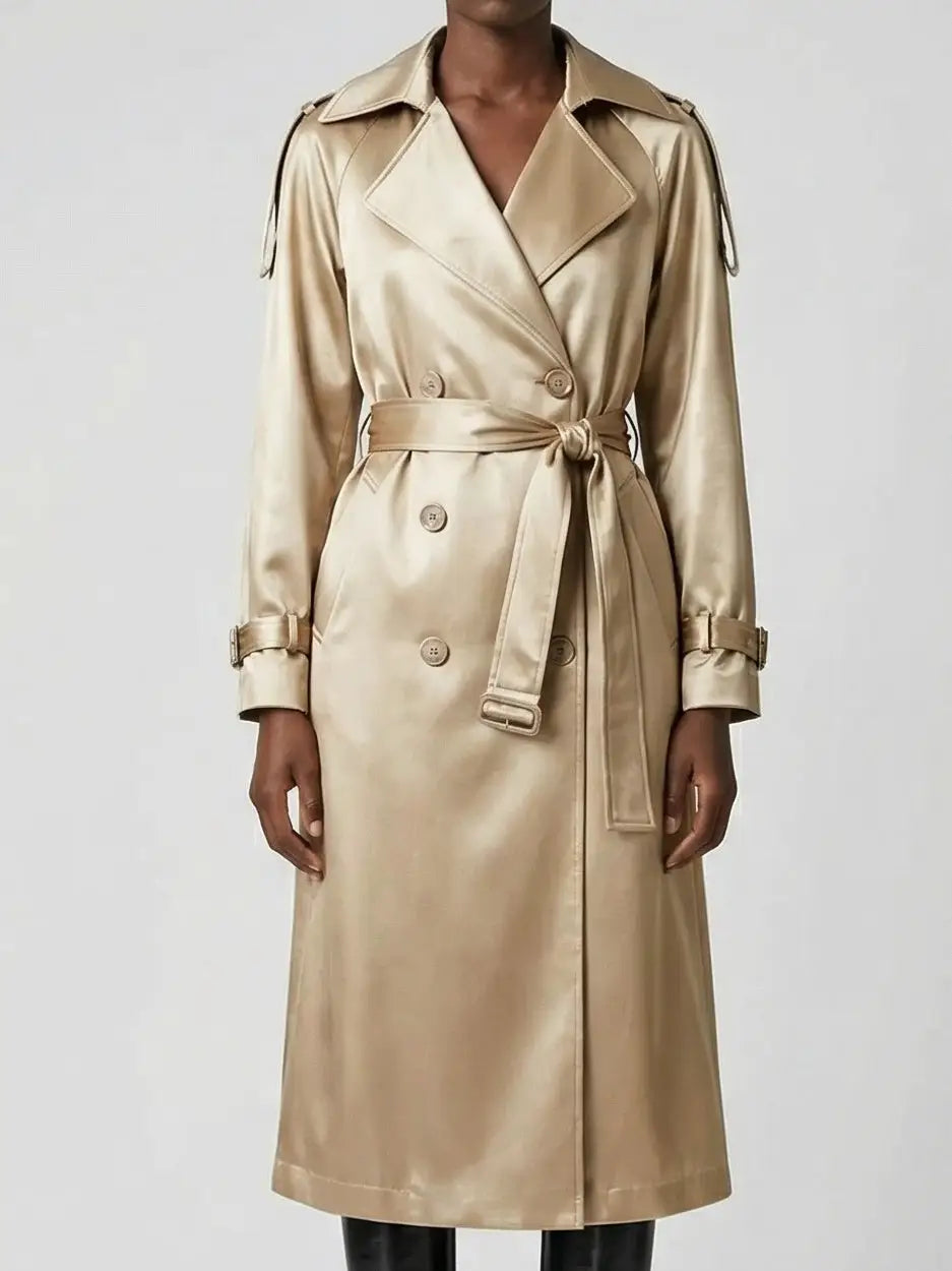 Belted Gold Satin Double-Breasted Trench Coat - Coats