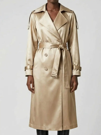 Belted Gold Satin Double-Breasted Trench Coat - Coats