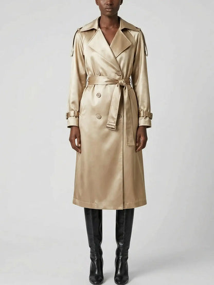 Belted Gold Satin Double-Breasted Trench Coat - Coats
