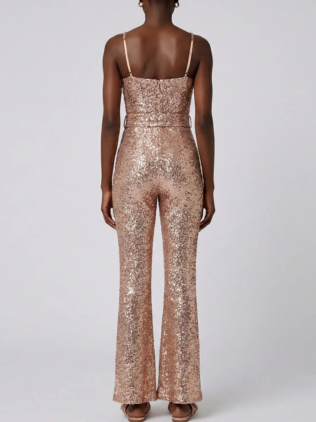 Belted Gold Sequin Bustier Jumpsuit - Suits & Sets