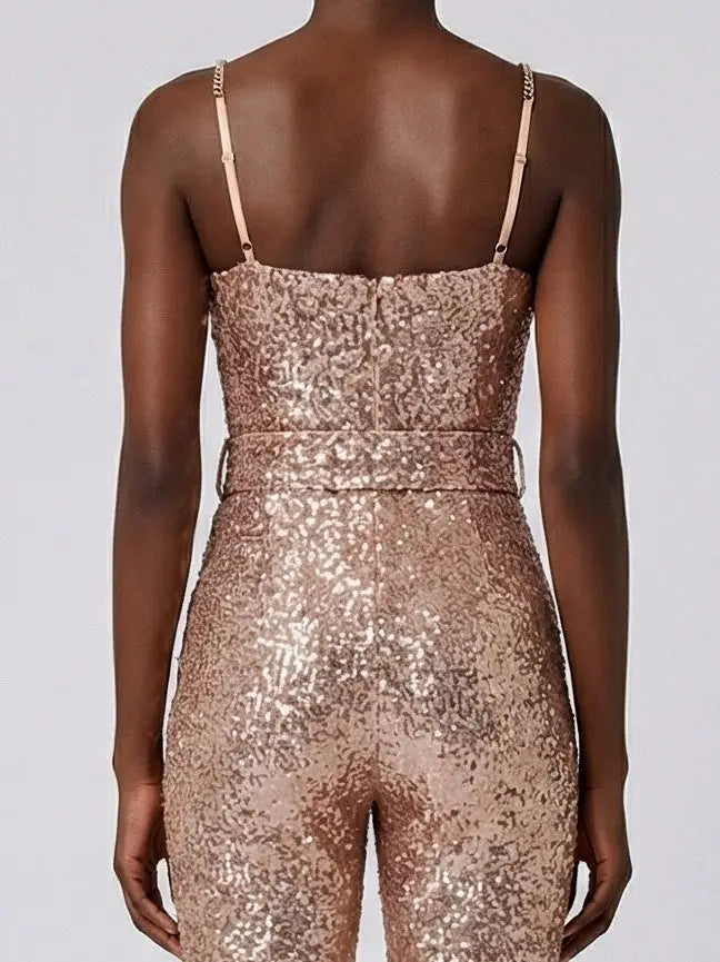 Belted Gold Sequin Bustier Jumpsuit - Suits & Sets