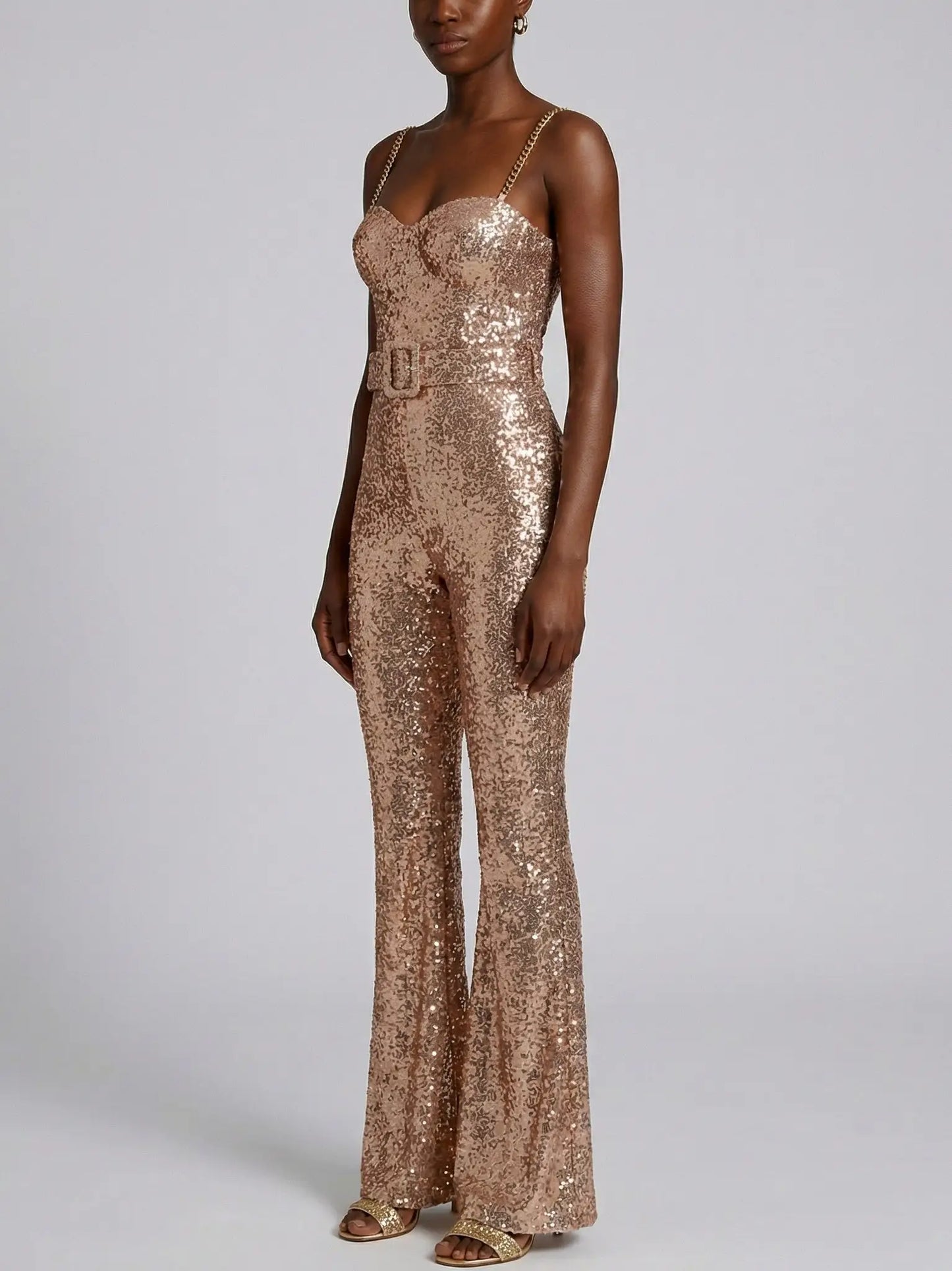 Belted Gold Sequin Bustier Jumpsuit - Suits & Sets