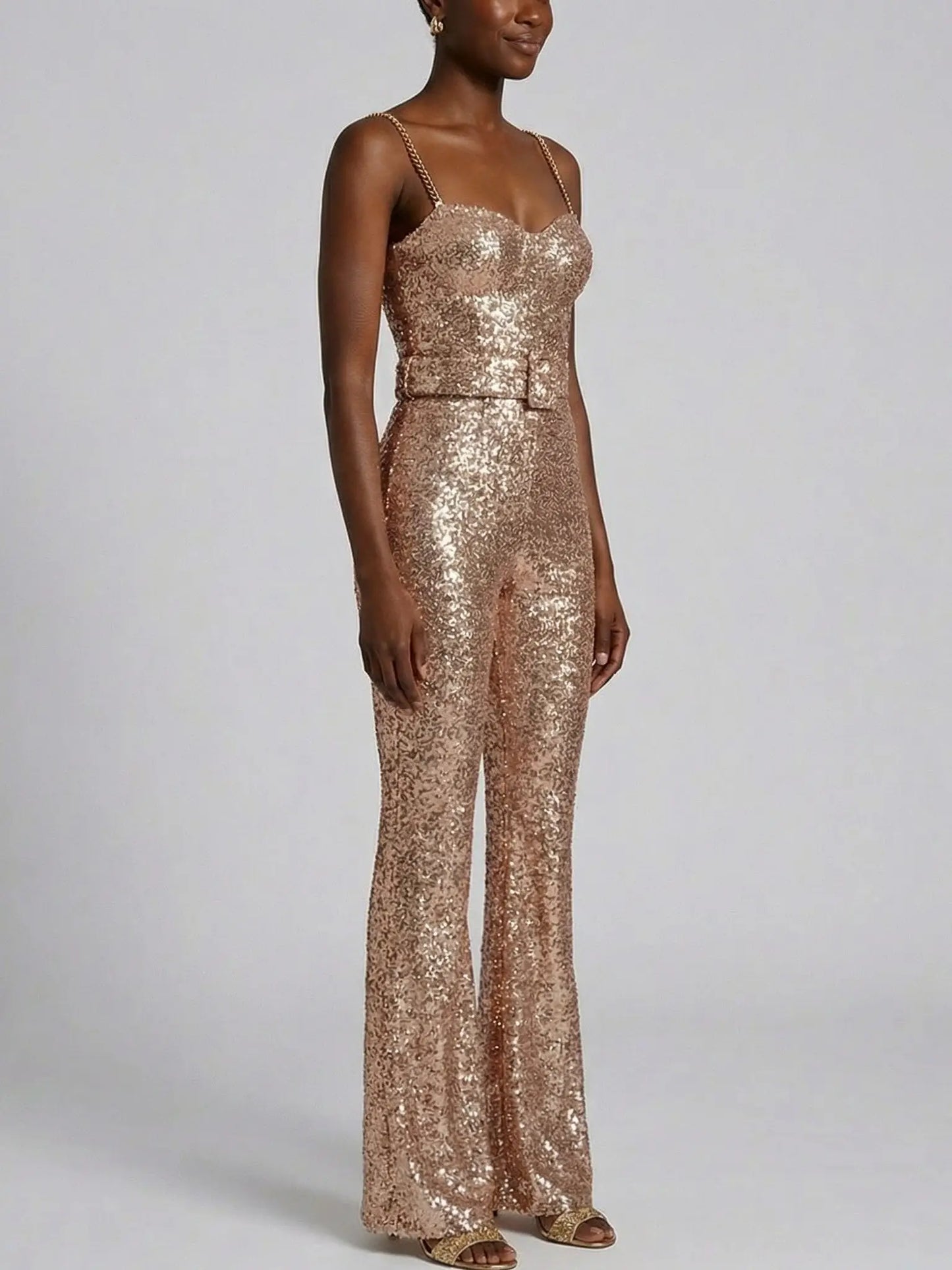 Belted Gold Sequin Bustier Jumpsuit - Suits & Sets