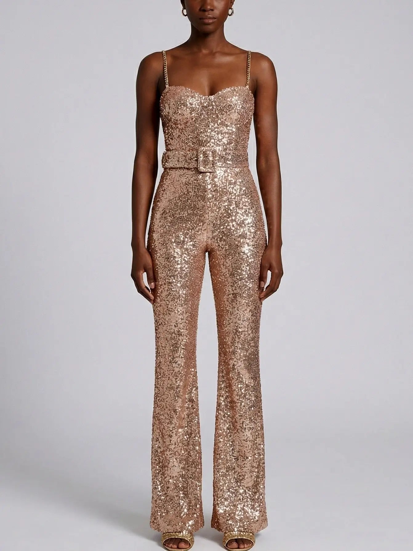 Belted Gold Sequin Bustier Jumpsuit - Suits & Sets