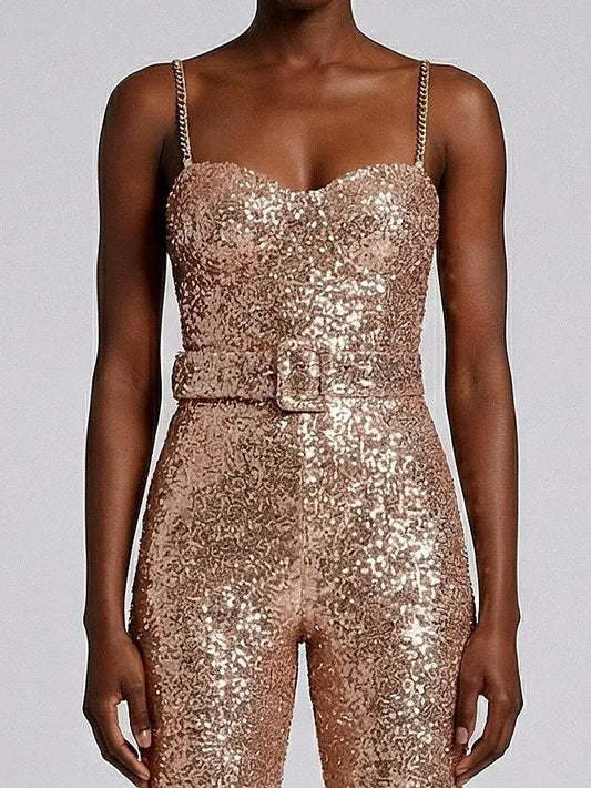 Belted Gold Sequin Bustier Jumpsuit - Suits & Sets