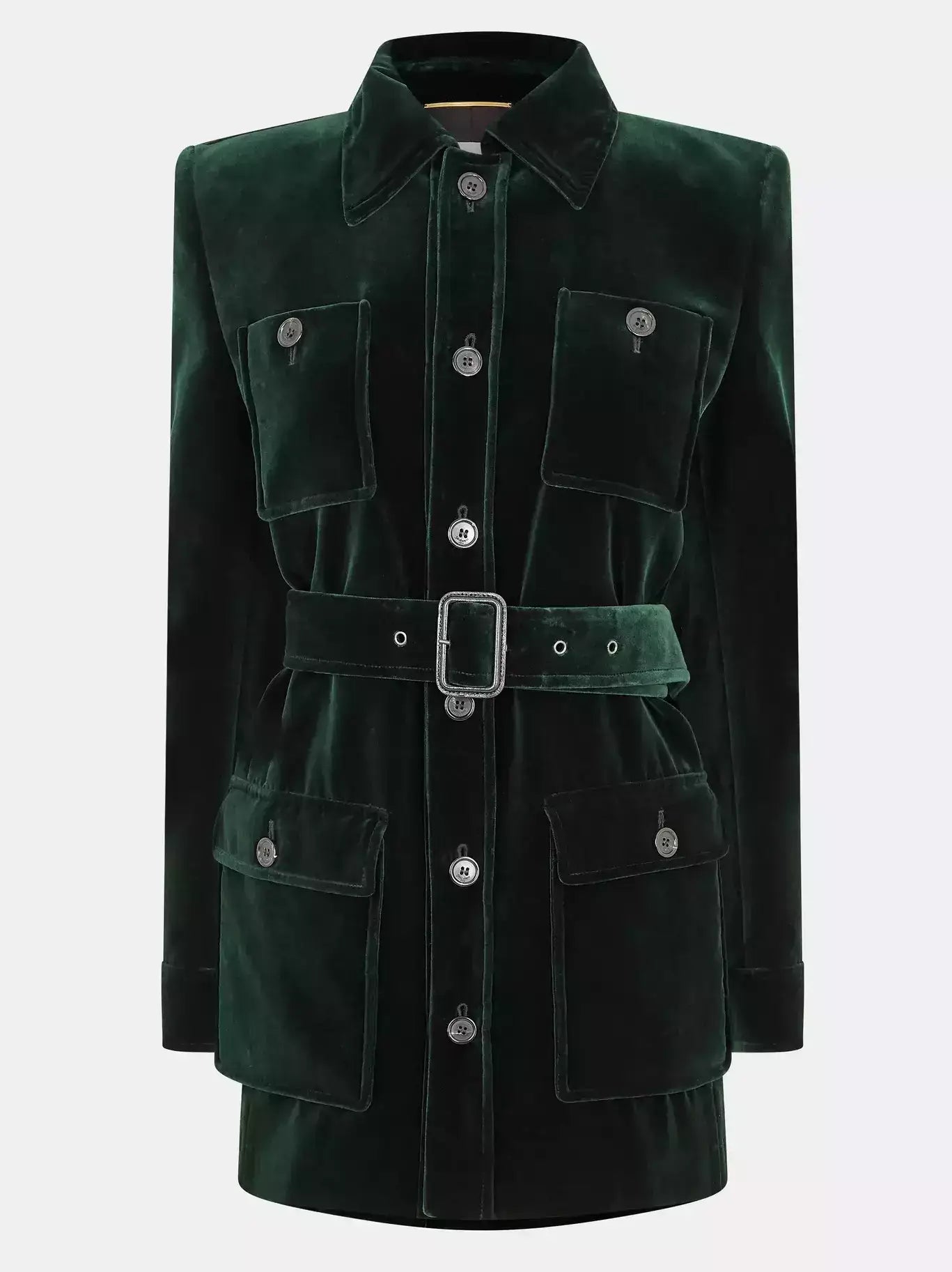 Belted Green Velvet Saharienne Jacket - Jackets
