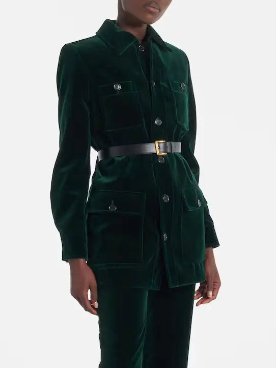 Belted Green Velvet Saharienne Jacket - Jackets