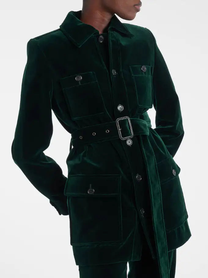 Belted Green Velvet Saharienne Jacket - Jackets
