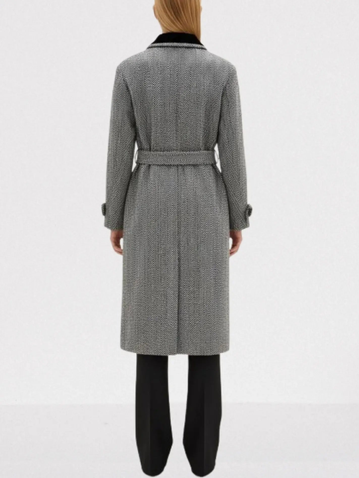 Belted Herringbone Wool Coat with Velvet Trims - Coats