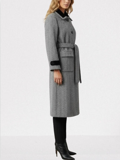 Belted Herringbone Wool Coat with Velvet Trims - Coats