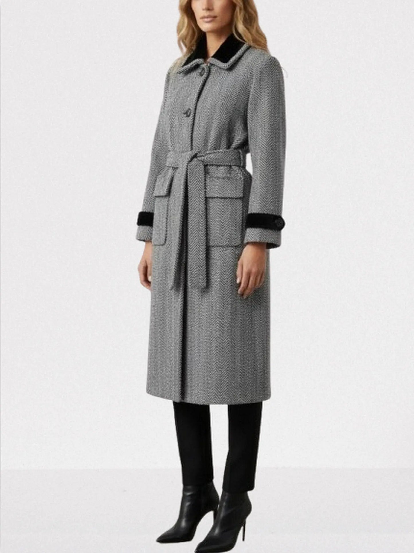 Belted Herringbone Wool Coat with Velvet Trims - Coats