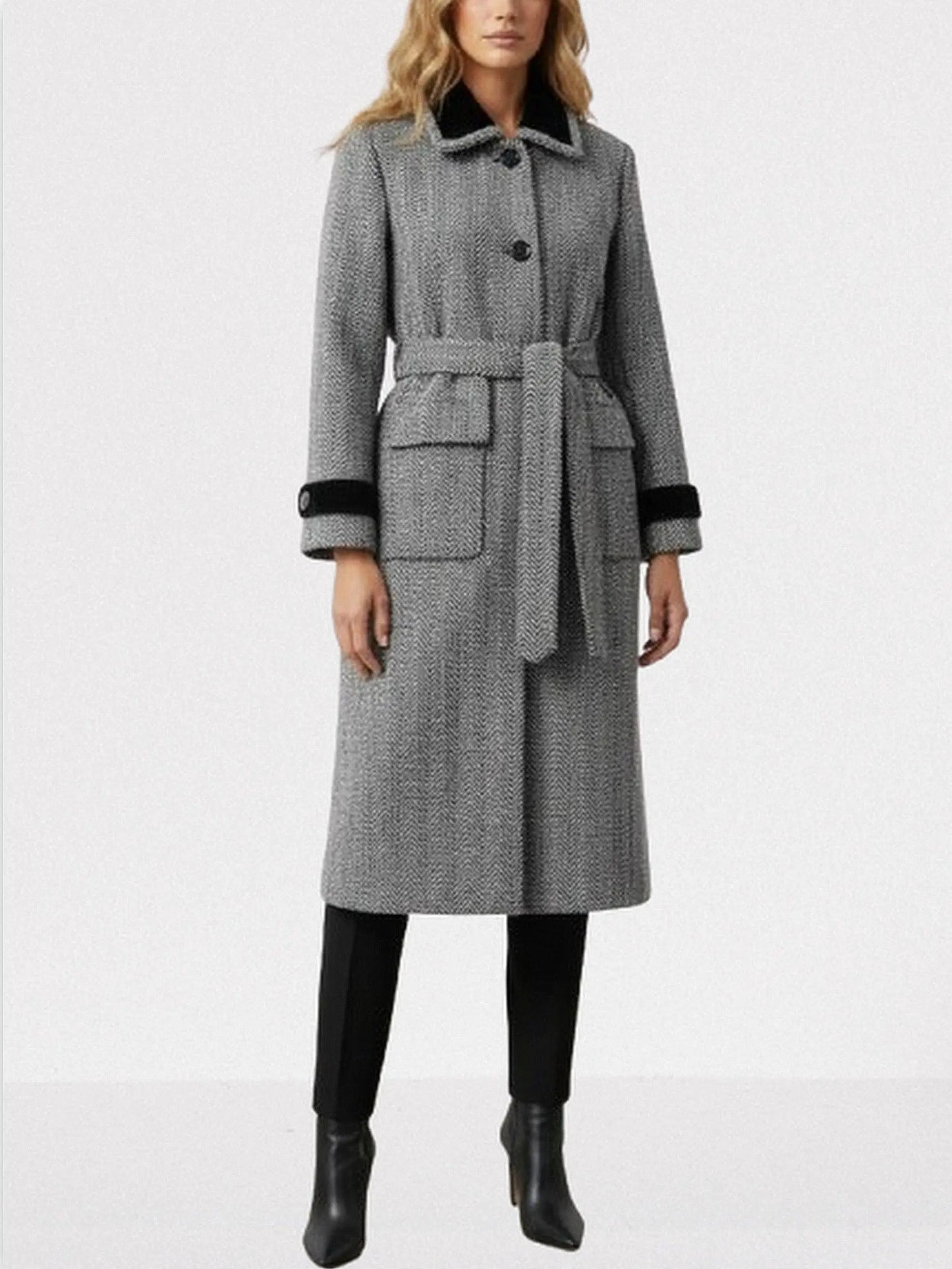 Belted Herringbone Wool Coat with Velvet Trims - Coats