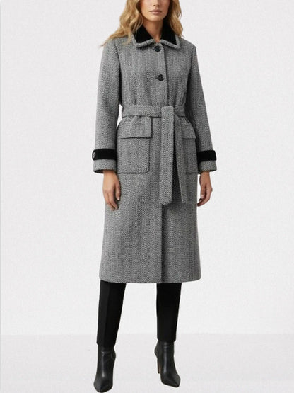 Belted Herringbone Wool Coat with Velvet Trims - Coats