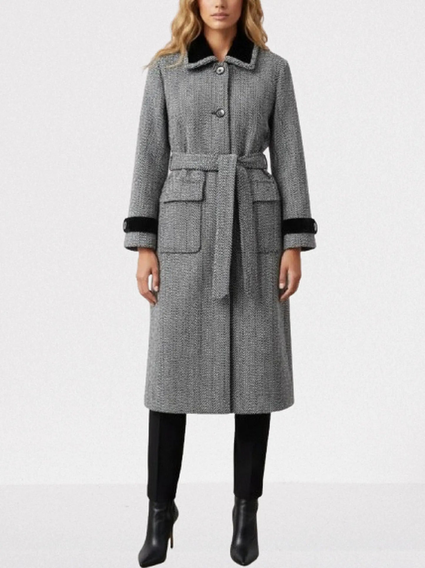 Belted Herringbone Wool Coat with Velvet Trims - Coats