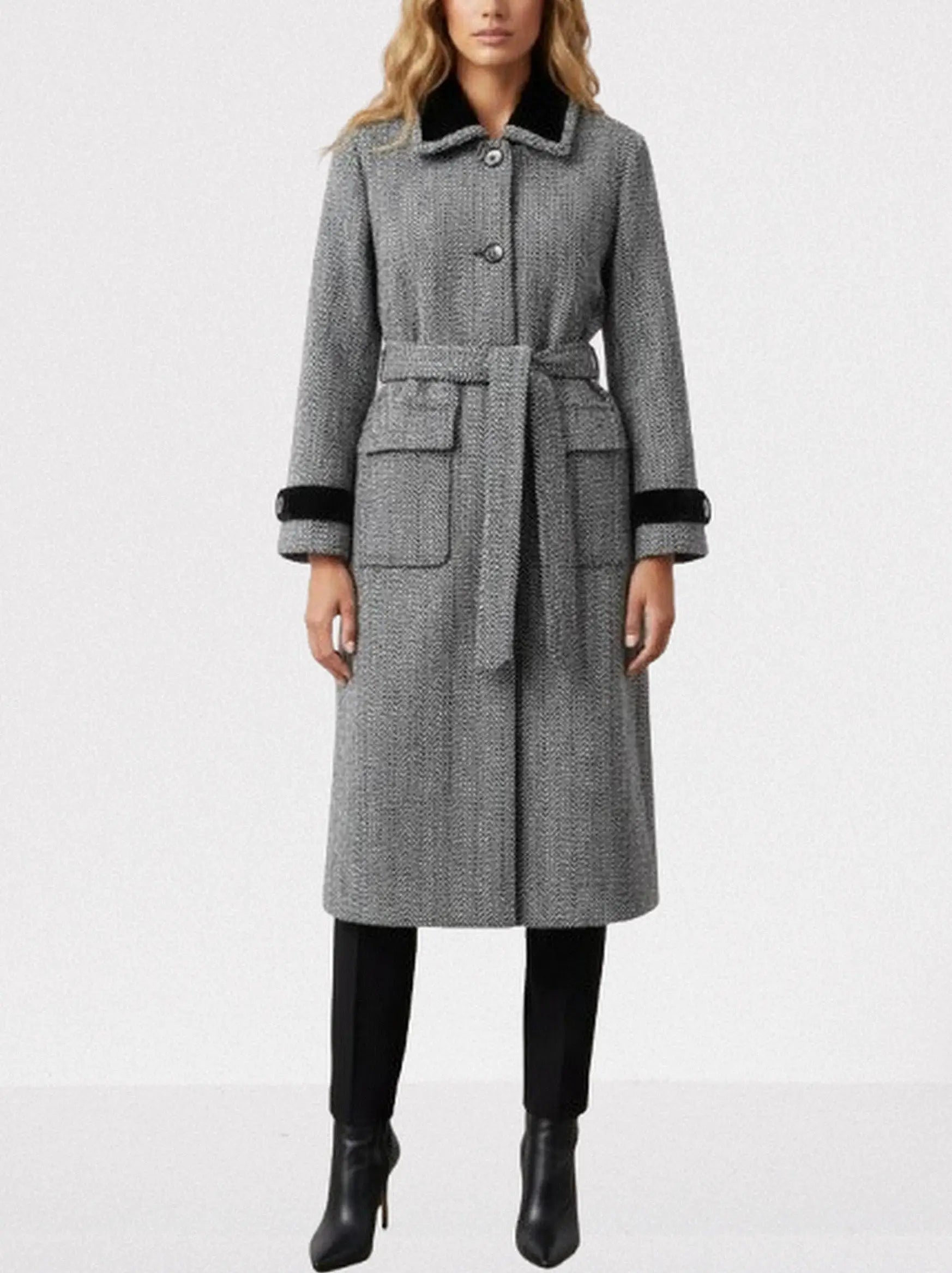 Belted Herringbone Wool Coat with Velvet Trims - Coats